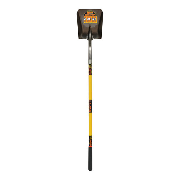 A Seymour Midwest Structron square point shovel with a yellow pole and black border.