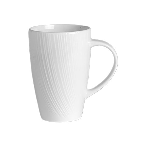 A white Steelite Distinction Spyro mug with an embossed wavy design on the handle.