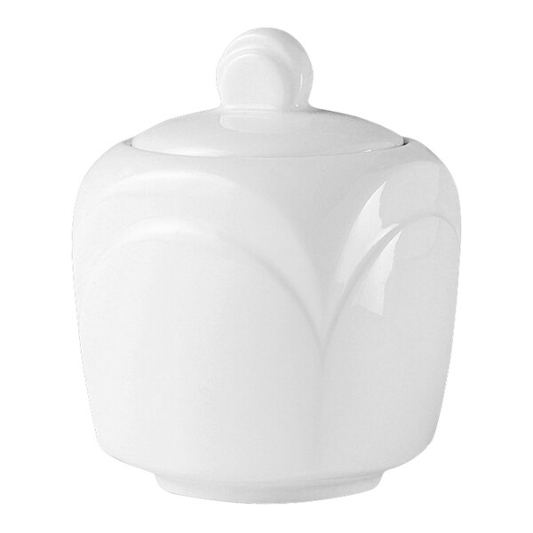 A Steelite Distinction Bianco white ceramic sugar pot with a lid.