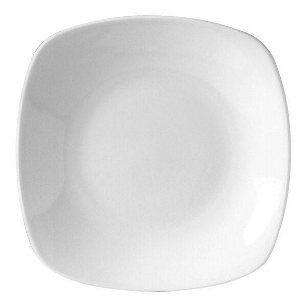 A close-up of a Steelite white square plate with a square edge and a white border.