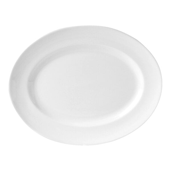 A Steelite Monaco Vogue oval platter with a white background and white border.