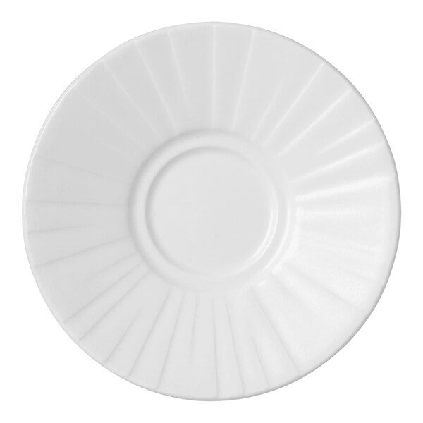 A close-up of a white Steelite Distinction Alina saucer with an embossed pattern.