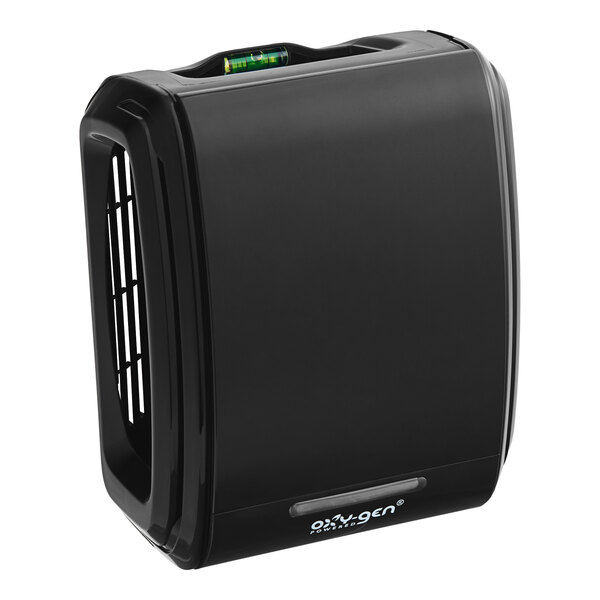 A black rectangular Oxy-Gen air freshener system with a green light inside.
