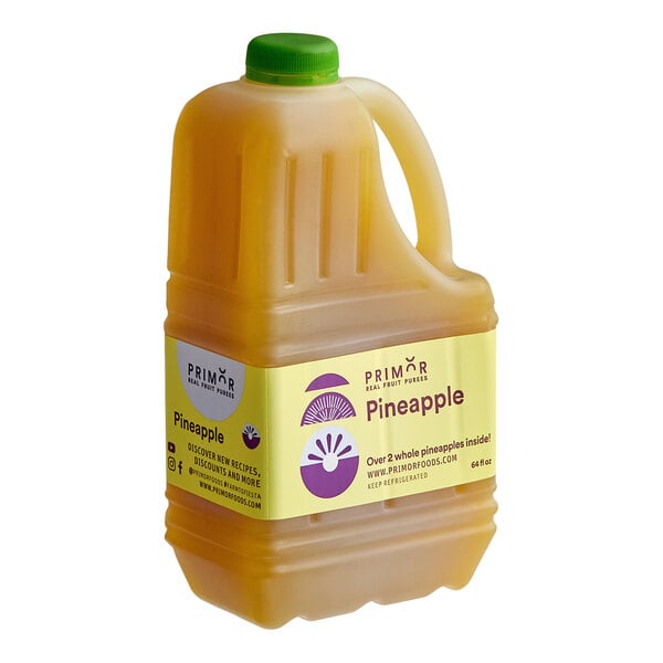 A 64 fl. oz. plastic jug of Primor Pineapple Puree with a green cap and a yellow label.