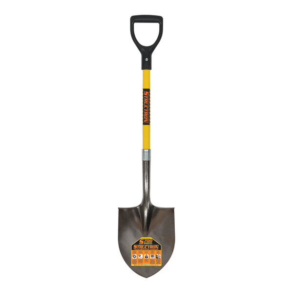 A Seymour Midwest Structron round point shovel with a yellow handle and black and silver tip.