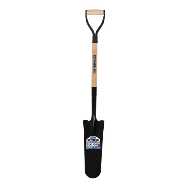 A Seymour Midwest drain spade shovel with a black and tan steel D-grip and a wooden handle.