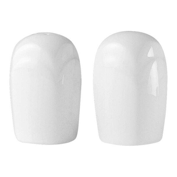 Two Steelite white salt shakers.
