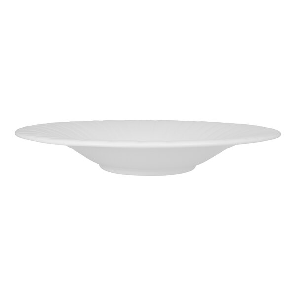 A close-up of a white Steelite Distinction Alina coupe bowl with an embossed rim.