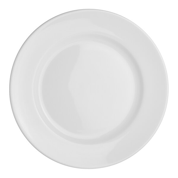 A close-up of a Steelite Distinction Monaco Vogue white plate with a white border.