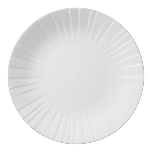 A white Steelite Distinction Alina coupe plate with an embossed spiral design.