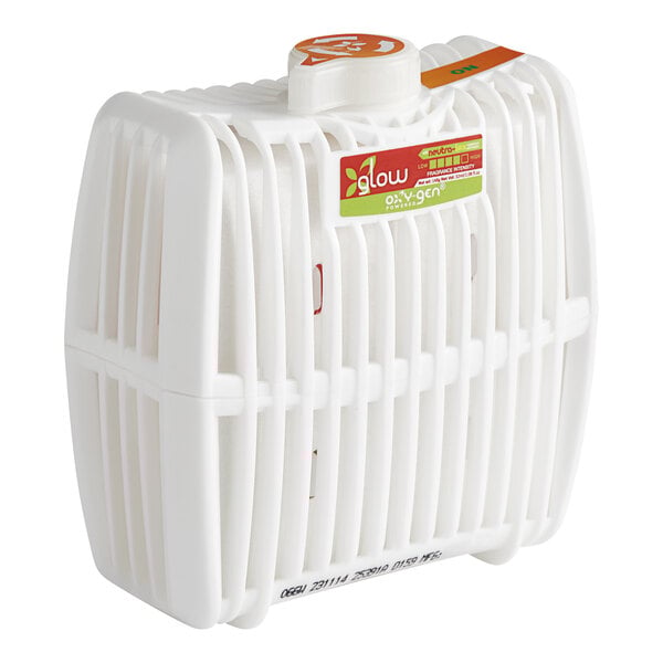 A white plastic container with a red label for Oxy-Gen Powered Grande air freshener cartridge refills.