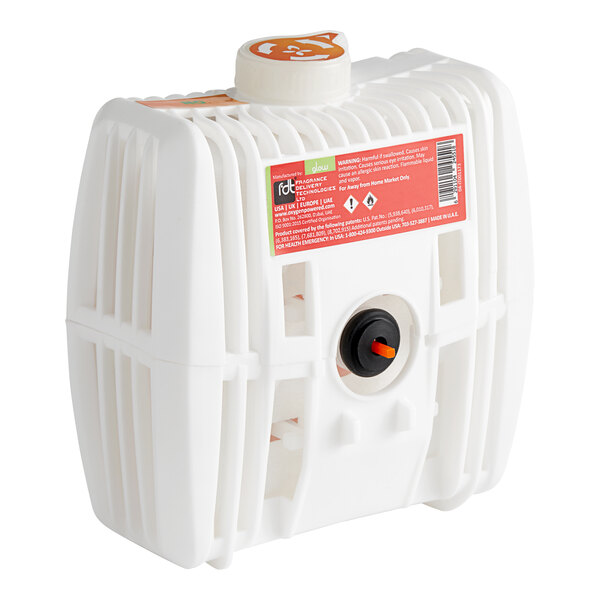 A white plastic container with a red label.