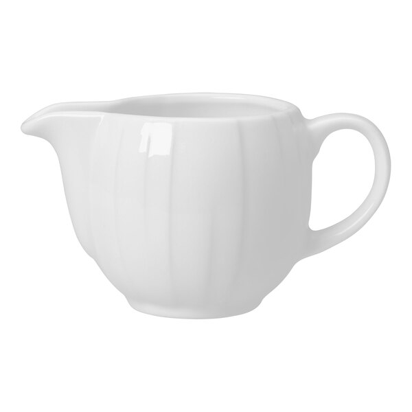 A Steelite Alina white embossed jug with a handle.