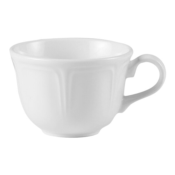A close-up of a Steelite white tulip cup with a handle.
