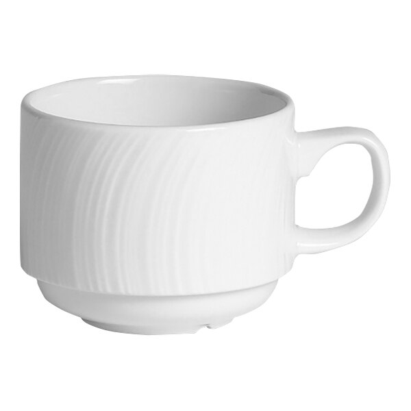 A Steelite white cup with a wavy design on the handle.