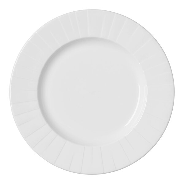 A Steelite white china plate with a curved mid-rim and embossed edge.