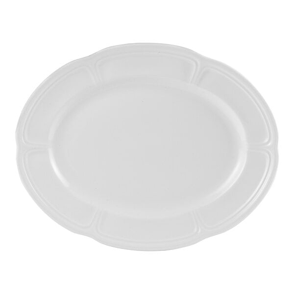 A white Steelite Distinction Monique scalloped oval platter.