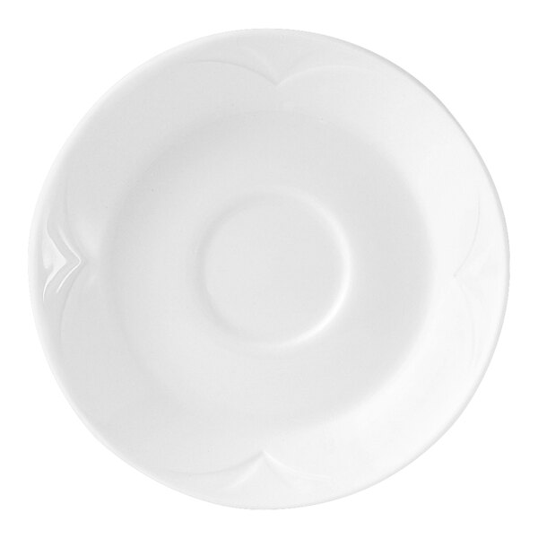 A close-up of a Steelite Distinction Bianco white saucer with an embossed design.
