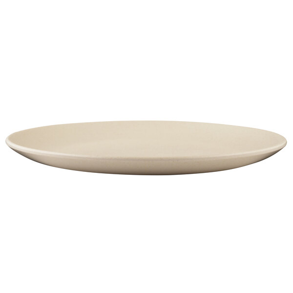 A white Elite Global Solutions round plate with a thin rim.