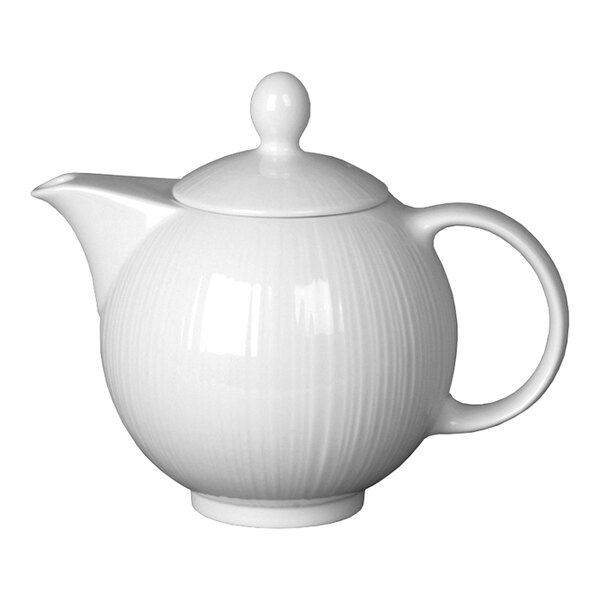 A Steelite white teapot lid on a white teapot.