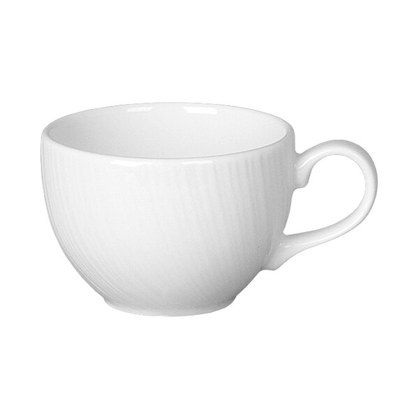 A Steelite white tea cup with a handle.