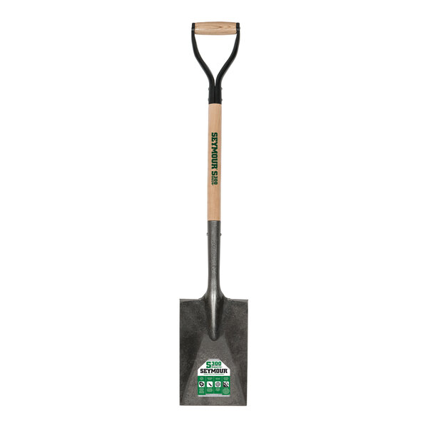 A Seymour Midwest garden spade shovel with a wooden handle and steel D-grip.