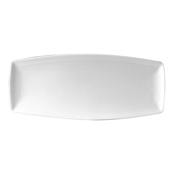 A white rectangular Steelite Distinction Neo coupe tray with a curved edge.