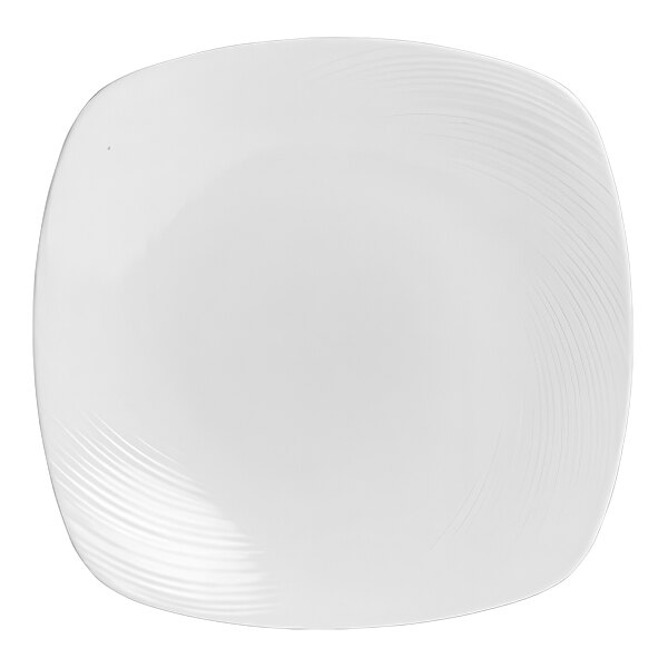 A close-up of a Steelite Distinction Spyro white square plate with spiral lines.