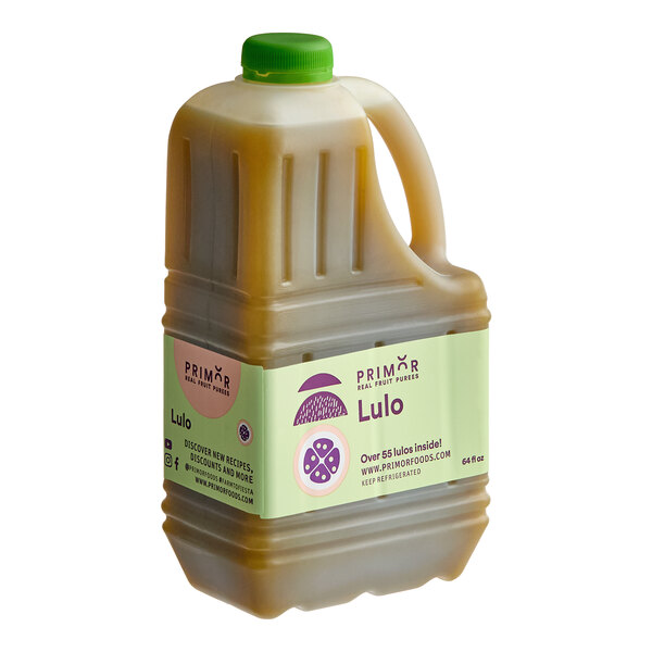 A 64 fl. oz. plastic jug of Primor Lulo fruit puree with a green cap and labeled packaging.