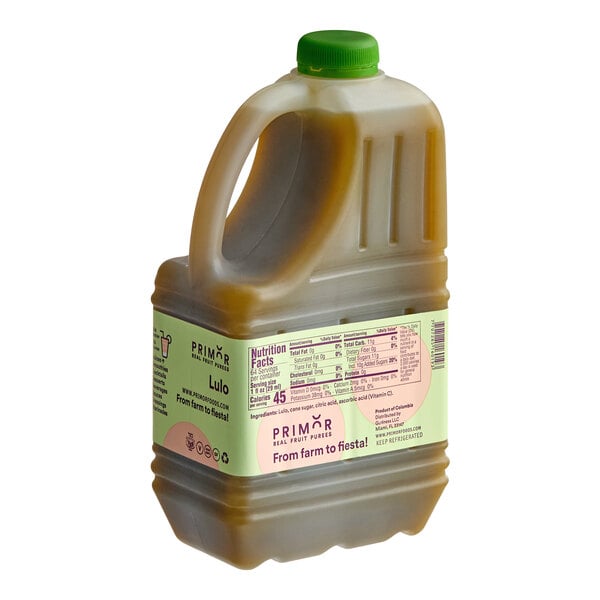 A 64 fl. oz. plastic jug of Primor Lulo Puree with a green cap and labeled for sale in a case of three.