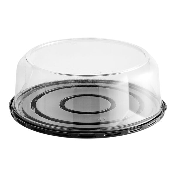 A clear plastic container with a black ring lid.