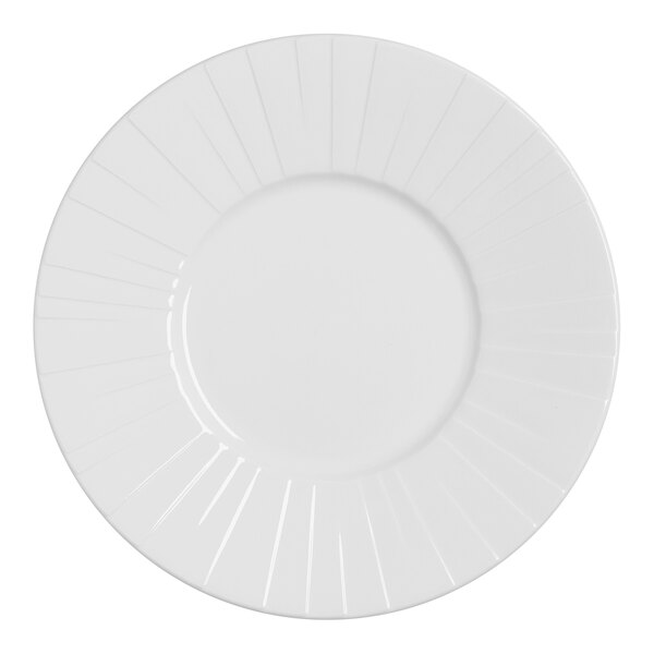 A white Steelite Distinction Alina plate with an embossed rim.
