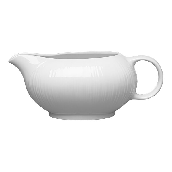A Steelite white sauce boat with a handle.