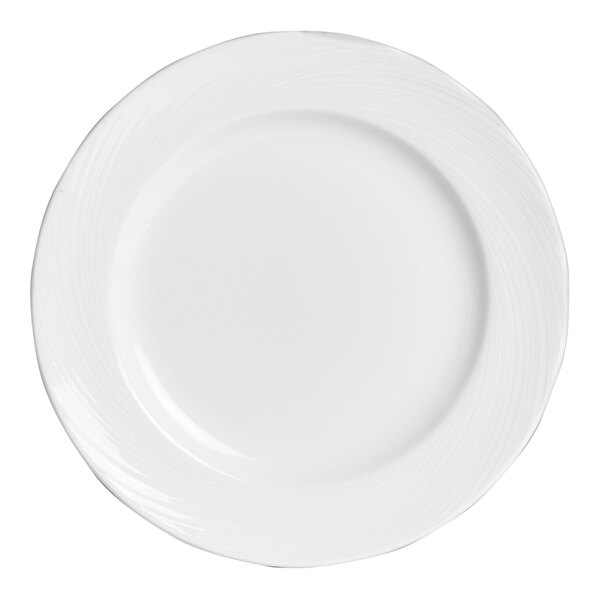 A close up of a Steelite Distinction Spyro white plate with a thin white border.
