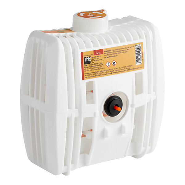 A white plastic container with an orange button.