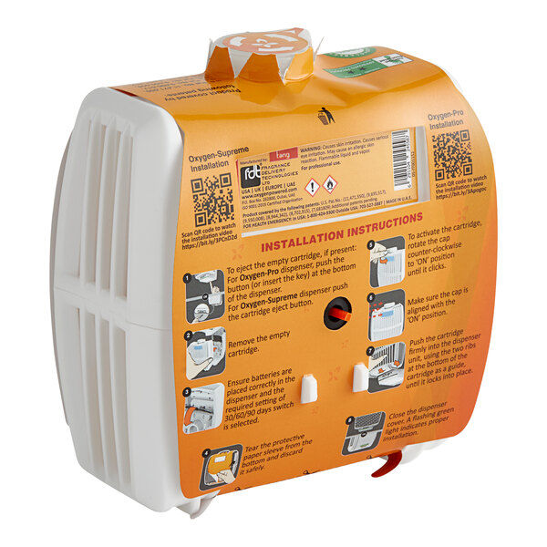 A white box with orange and white Oxy-Gen air freshener cartridge refill inside.