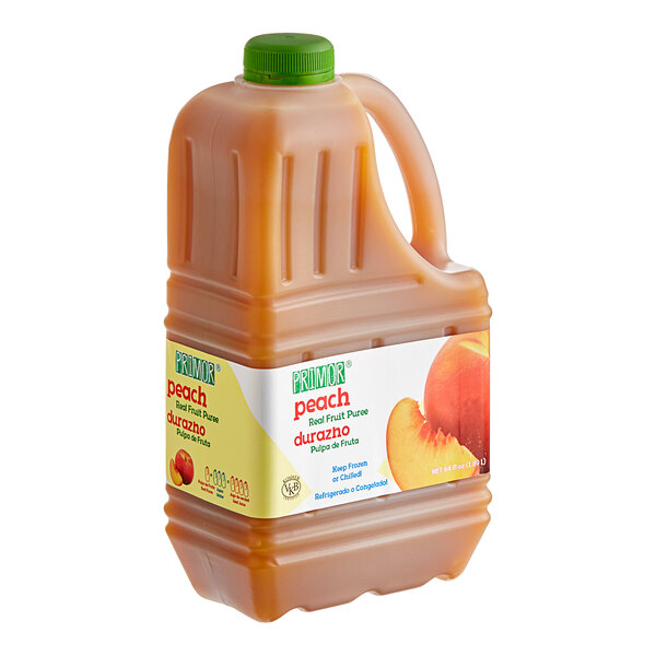 A case of three 64 fl. oz. jugs of Primor Peach Puree.