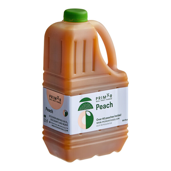 A 64 fl. oz. plastic jug of Primor peach puree with a green cap and a white label.