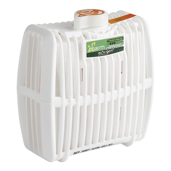 A white container with a green and orange label for Oxy-Gen Powered Grande Charm Metered Air Freshener Cartridge Refills.