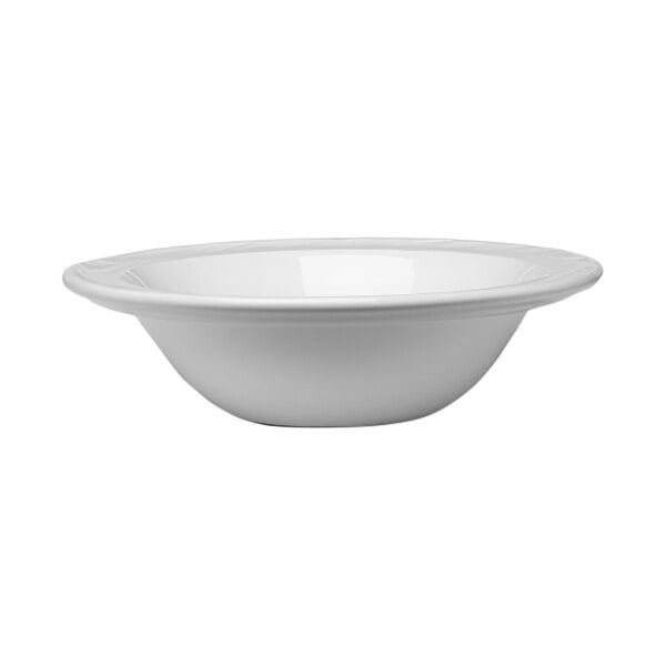 A close-up of a Steelite white bowl with a white rim.
