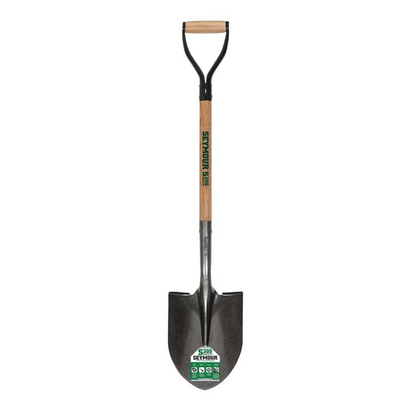 A Seymour Midwest round point shovel with a wooden handle and steel D-grip.