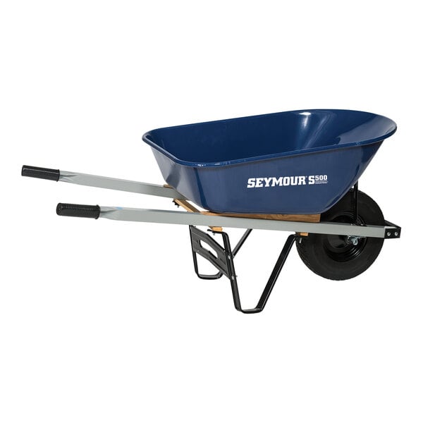 A blue Seymour Midwest steel wheelbarrow with two cushion grip handles.