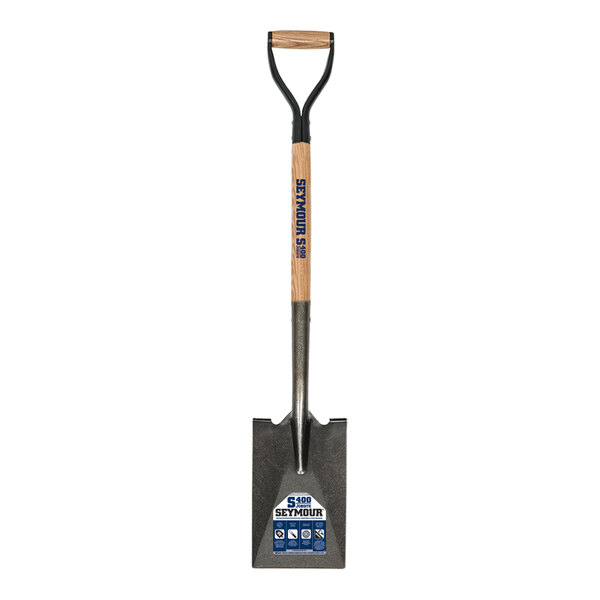 A Seymour Midwest garden spade shovel with a wooden handle and a black steel D-grip.
