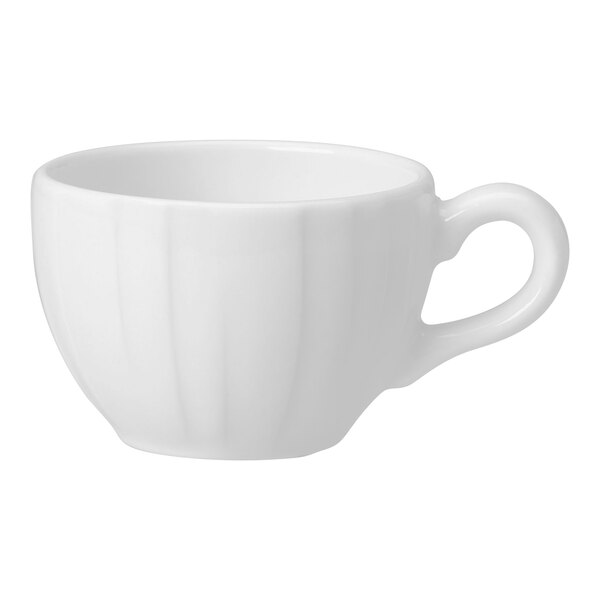 A Steelite Distinction white tea cup with a handle.