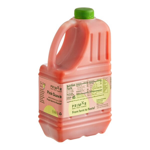 A pink plastic jug of Primor Pink Guava Puree on a white background.
