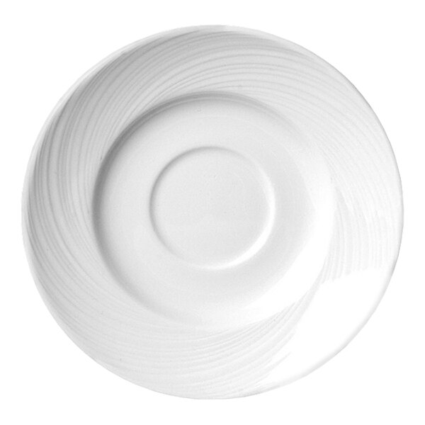 A close-up of a Steelite white saucer with a circular wavy design.