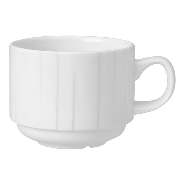 A Steelite Distinction white cup with a handle.