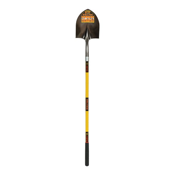 A Seymour Midwest Structron round point shovel with a yellow handle and black grip.