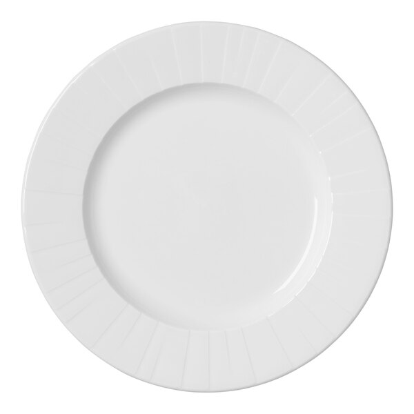 A white Steelite Alina china plate with a curved edge and a circular center.