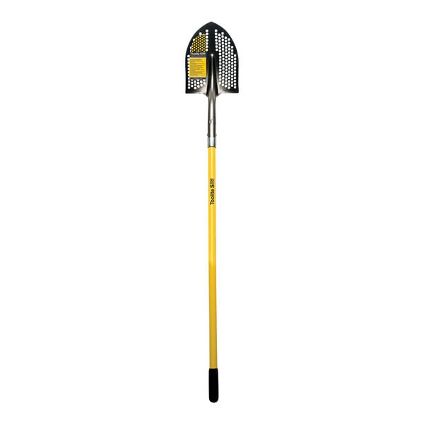 A Seymour Midwest Toolite round point shovel with a yellow handle and black step on a white background.